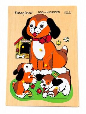 Fisher-Price Dog and Puppies Wooden Peg Puzzle #511 Vintage 8 Piece Ages 2–5